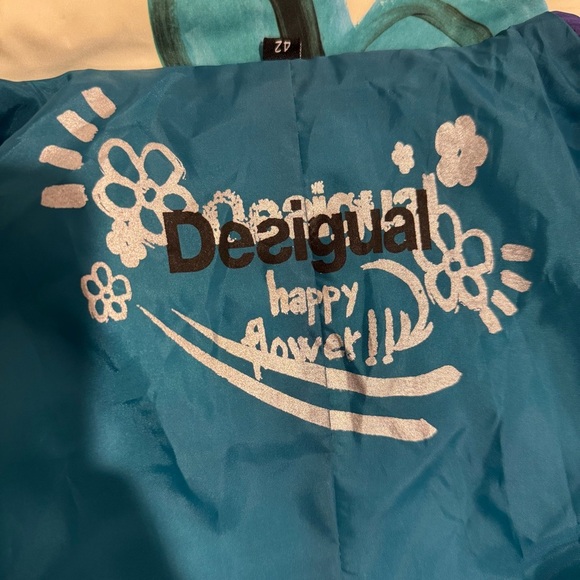 Rare DESIGUAL happy flower white trench coat graffiti paint Large - Picture 8 of 9